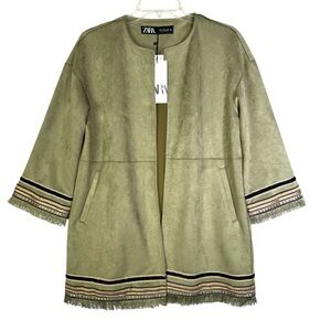 NWT ZARA Olive Green Faux Suede Long Jacket Embroidered Fringe Western Boho